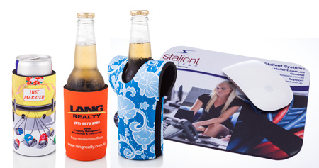 Dye sublimation print, full colour, product examples.
